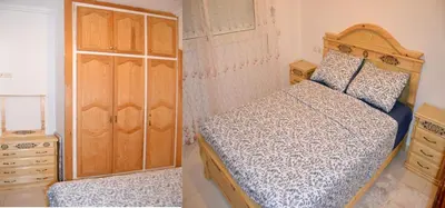 two pictures of a bedroom with a bed and a dresser at holiday apartment rental in Meknès
