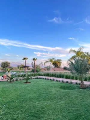 a garden with palm trees and a lawn at Villa Beij in Marrakech