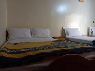 a bedroom with two beds with white pillows at gîte d'étape ziz oasis in Achbarou