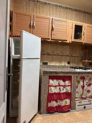 a kitchen with a white refrigerator and wooden cabinets at NADIA BELVUE 3 in Meknès