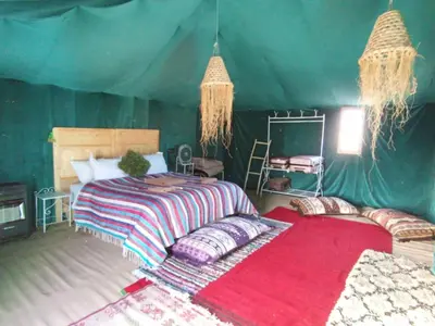 a bedroom with two beds in a green tent at Desert Paradise Luxury Camp in Merzouga