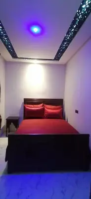 a bedroom with a large bed with red pillows at Appart Artisanal sur Fez in Fès