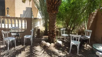 a patio with a table and chairs and a palm tree at PALM'SKOURA in Skoura
