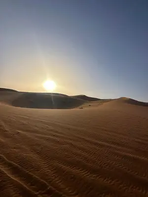 a desert with the sun setting in the horizon at Chez les habitants in Merzouga
