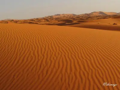 a desert with sand dunes and mountains in the background at Chez les habitants in Merzouga