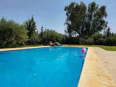 a blue swimming pool with a pink ball in it at Dar HAKIM piscine privée in Marrakech