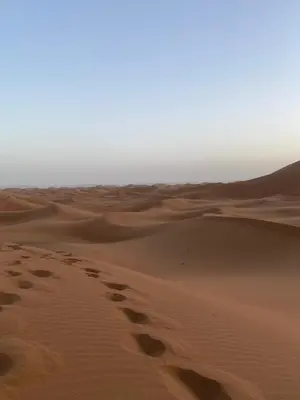 a view of the desert with footprints in the sand at Sahara Camp Light in Mhamid