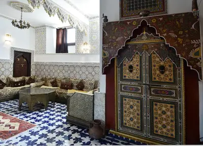 a room with a large wooden door in a building at Dar Aya Fes in Fès
