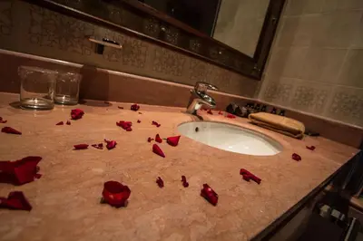 a bathroom sink with red rose petals on it at Hotel Tafilalet in Meknès