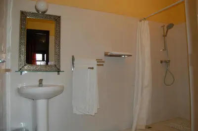 a bathroom with a sink and a mirror and a shower at Auberge Amellagou in Amellagou