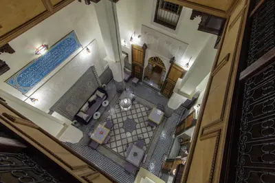 an overhead view of a room with a tile floor at Riad Taryana in Fès