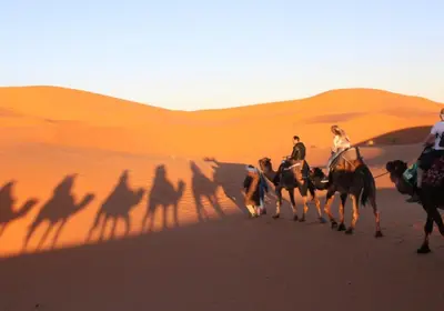 a group of people riding horses in the desert at Merzouga Magic Carpet camp in Merzouga