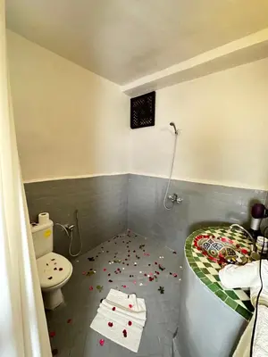 a bathroom with a bed and a toilet with confetti on the floor at Dar Khmissa Fes-Luxury Stay Fes Medina in Fès
