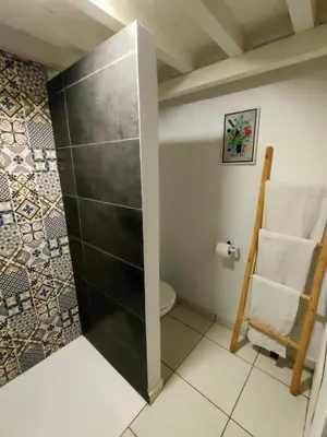 a bathroom with a toilet and a chair at La Maison des Amis in Fès