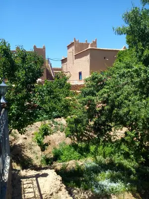 a building in the background with trees in the foreground at ECOLODGE MISS ROSE CHEZ LA FAMILLE in Boumalne