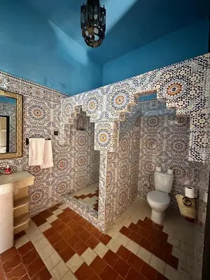 a bathroom with a toilet and a tile wall at Hotel le Touareg in Merzouga