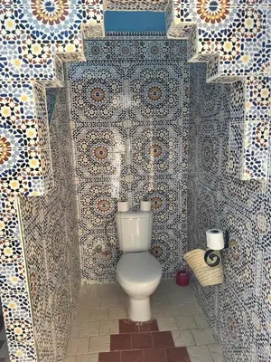 a bathroom with a toilet with blue and white tiles at Hotel le Touareg in Merzouga