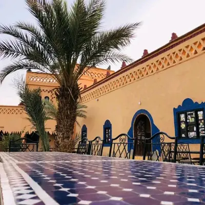 a palm tree in front of a building at Hotel le Touareg in Merzouga