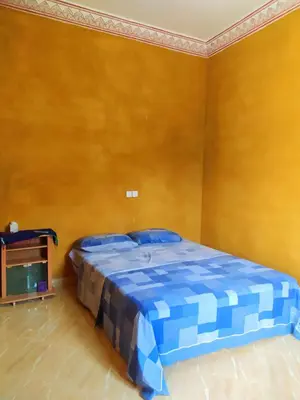 a bedroom with a bed and a tv in it at Luxury apartment Hassilabied Merzouga in Hassilabied