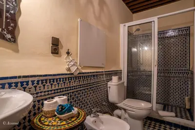 a bathroom with a toilet and a sink and a shower at Riad Fes Palacete in Fès