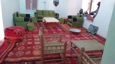 a living room with green chairs and a red rug at Auberge chez hammadi in Zagora
