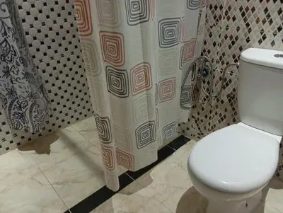 a bathroom with a toilet and a shower curtain at Maison Moussaoui in Meknès