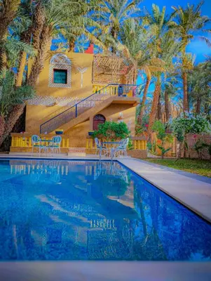 a house with palm trees and a swimming pool at Riad Soleil du Monde in Zagora