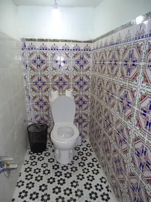 a bathroom with a toilet and a tiled wall at Riad Amimi Fes in Fès