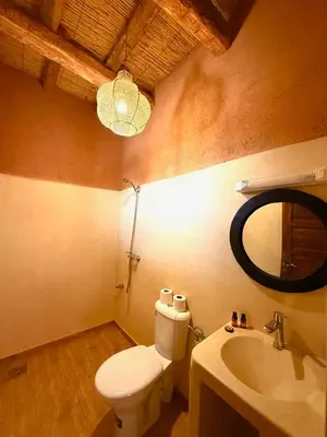 a bathroom with a toilet and a sink and a mirror at Land of dreams in Nkob