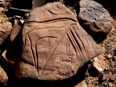 a stone relief of a bird on a rock at Serdrar Camp in Timganine