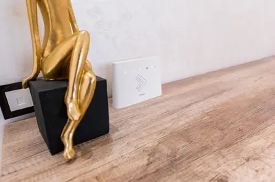 a pair of gold shoes on a wooden floor next to a box at Cozy Apartment in new town in Fès
