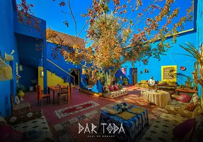 a living room with blue walls and a tree at Dar Toda - Zagora guest house in Zagora