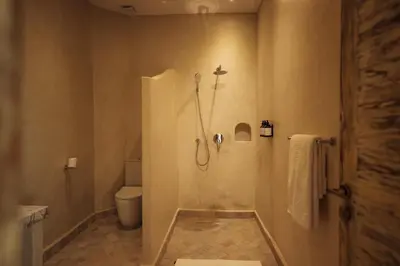 a bathroom with a shower and a toilet at Sahara pearl Hotel in Merzouga