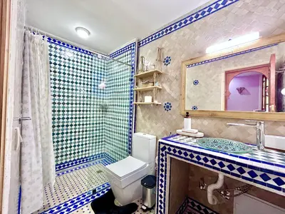 a bathroom with a toilet and a shower and a sink at Riad Noor Medina in Fès