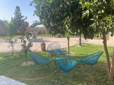 three blue chairs and a table under a tree at Amazing house separate of Villa with Swimming Pool in Marrakech
