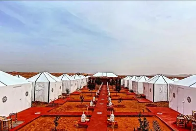a row of tents in the middle of a field at Merzouga Nomad Camp in Merzouga