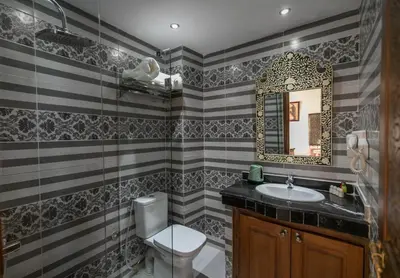 a bathroom with a sink and a toilet and a mirror at DARIF's Riad & Spa in Fès