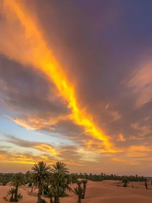 a rainbow in the sky over a desert with palm trees at DAR MIRA DUNES Hassilabiad-Merzouga in Hassilabied