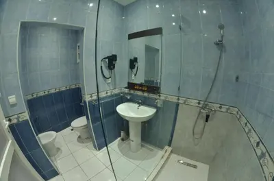 a bathroom with a sink and a shower and a toilet at Hotel Al Akha in Sidi Harazem