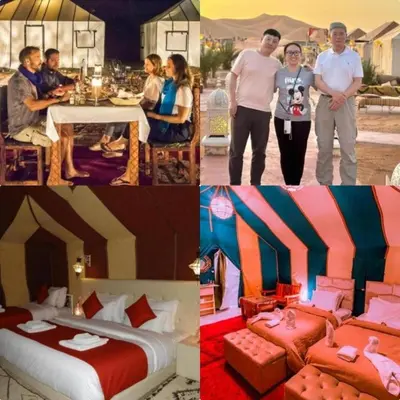 a collage of four pictures of a hotel room at Camel Experience Camp in Merzouga