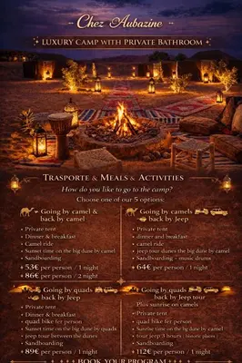 a flyer for a camping event with a fire pit at chez aubazine in Merzouga