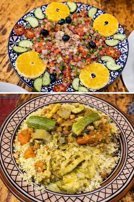 two pictures of a plate of food on a table at chez aubazine in Merzouga