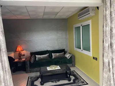 a living room with a green couch and a window at Cozy Downtown Apartment in Fès