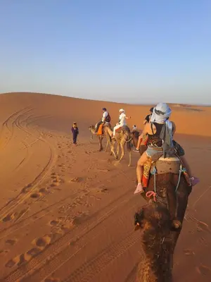 a group of people riding camels in the desert at Morocco travel activities in Merzouga