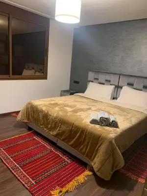 a bedroom with a bed and a mirror and a rug at زاوية سيدي عبد السلام افران in Ifrane