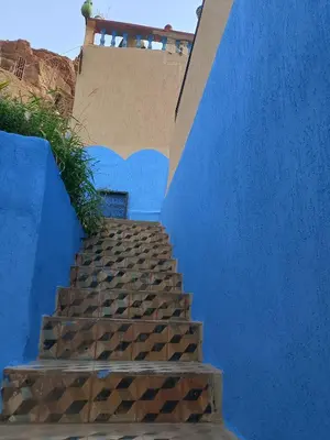 a stairway leading up to a blue building at Auberge ALI Todra A Natural Oasis in Tinerhir