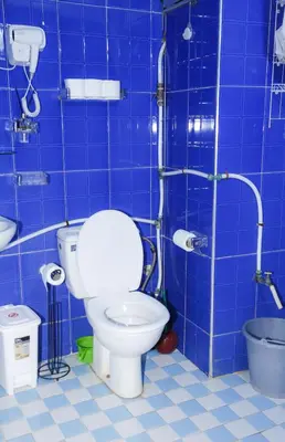 a blue tiled bathroom with a toilet and a shower at Elhachimi two bedroom with air conditioning in Er Rachidia