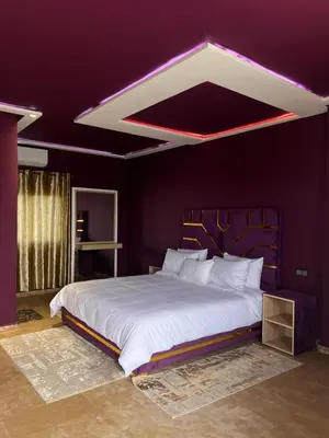 a bedroom with a large bed with a purple ceiling at Auberge Salle billionaire in Fès