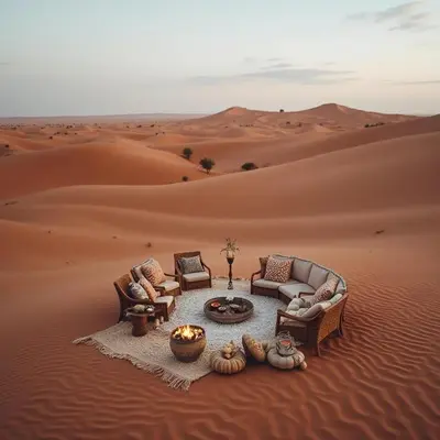 a living room in the desert with chairs and a table at Bohem Camp in Merzouga