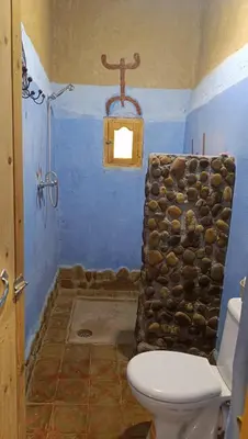 a bathroom with a toilet and a rock wall at kasbah luna del sur in Erfoud